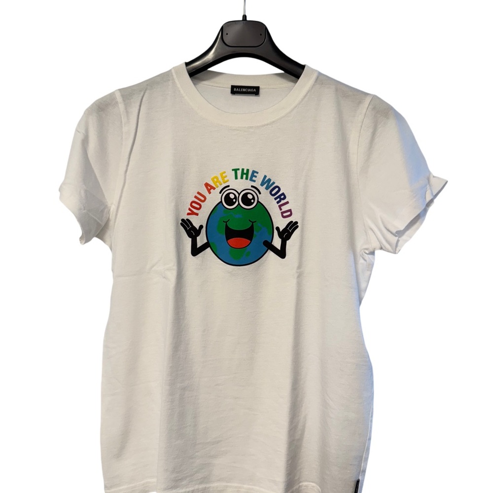 Balenciaga White Tee with Colorful Earth Graphic